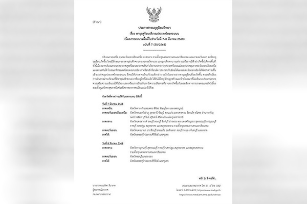 สภาพอากาศวันนี้ กรมอุตุฯ เตือนฉบับที่ 7 ระวังพายุฤดูร้อน ลมกระโชกแรง